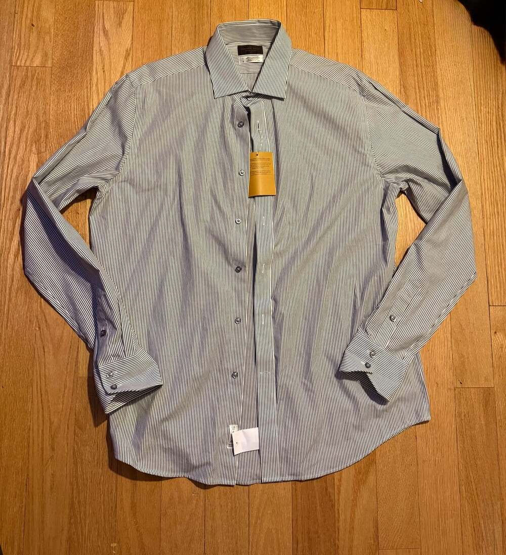 Thomas Dean Collection Blue and White Striped Button-Down Dress Shirt Size L
